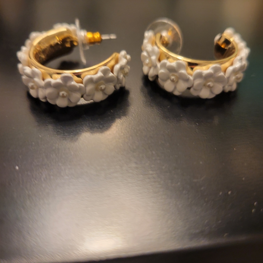 Floral Gold and White Hoop Earrings